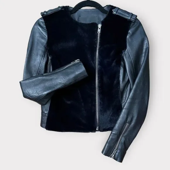 ALC Sadie Leather & Fur Jacket 0 Black Womens Moto Motorcycle Biker A.L.C. - Picture 1 of 9